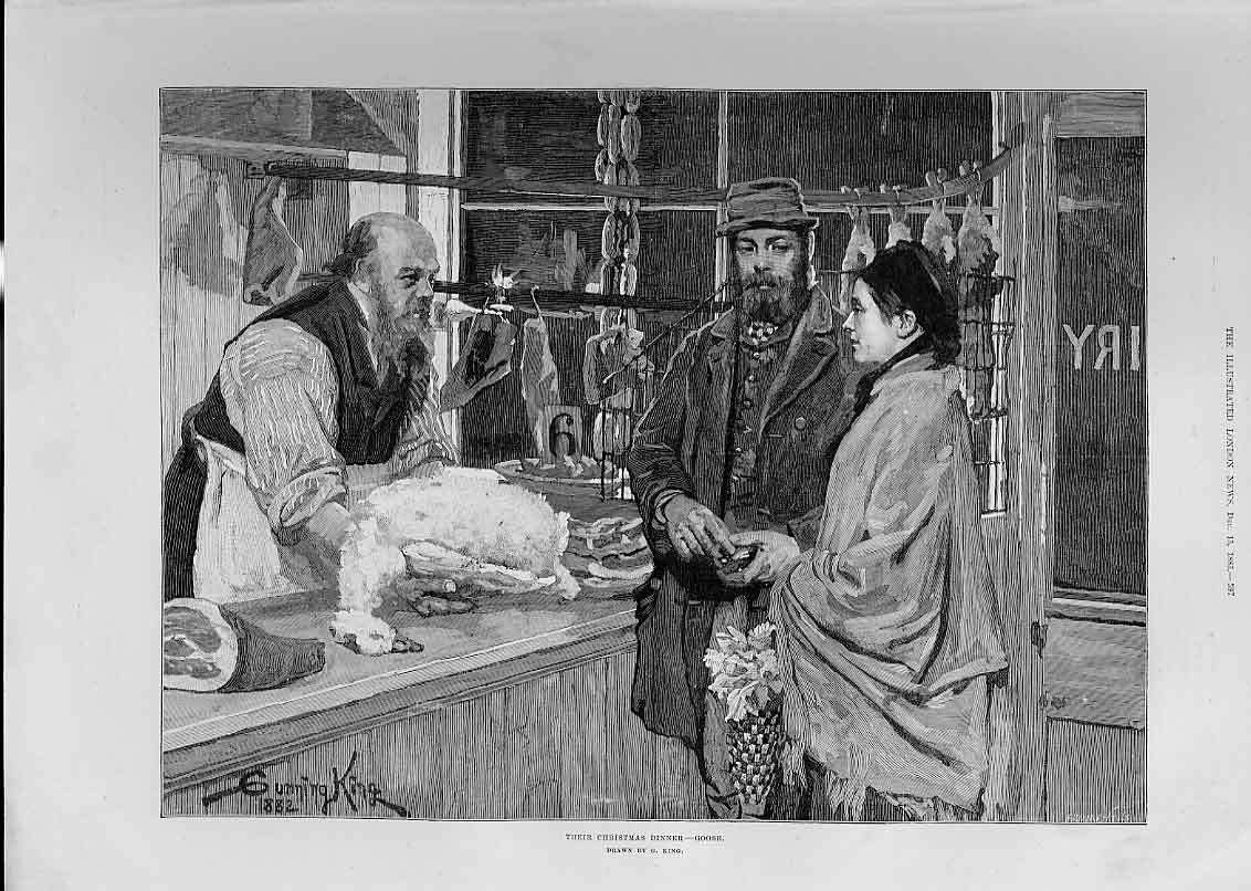 Original Old Antique Print Purchase Their Christmas Dinner A Goose