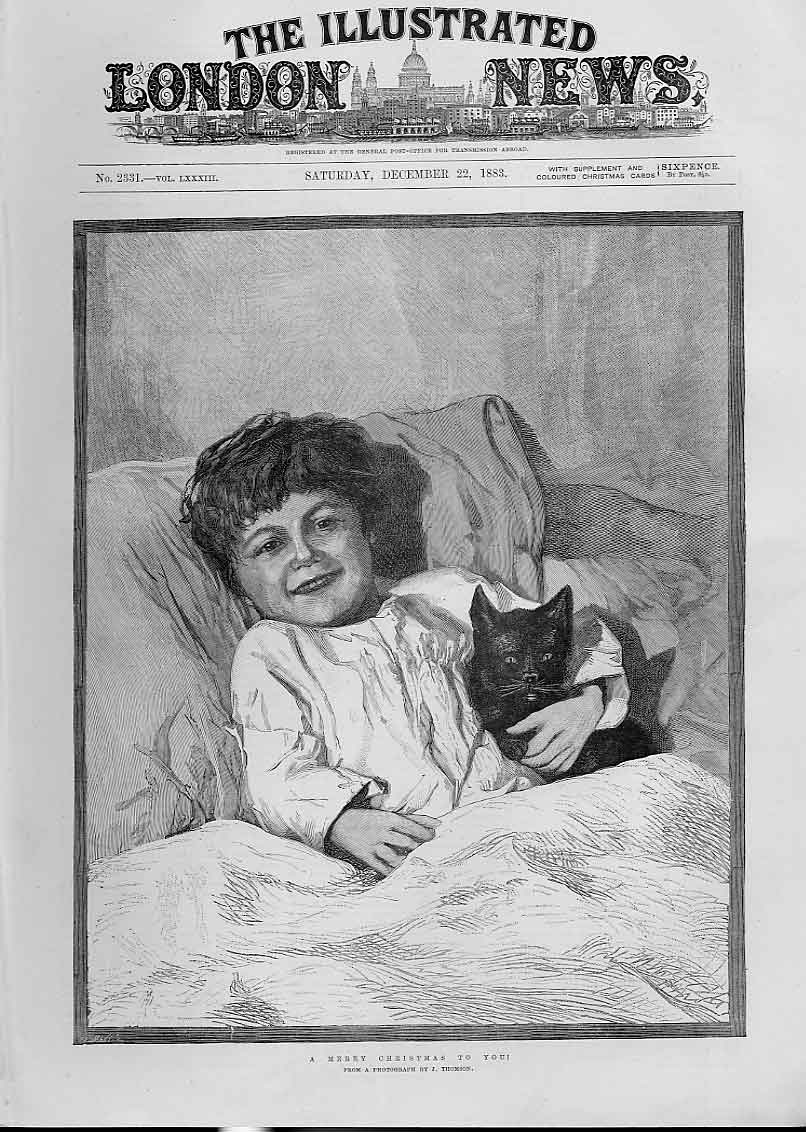 Original Old Antique Print Merry Christmas To You From A Boy & Cat