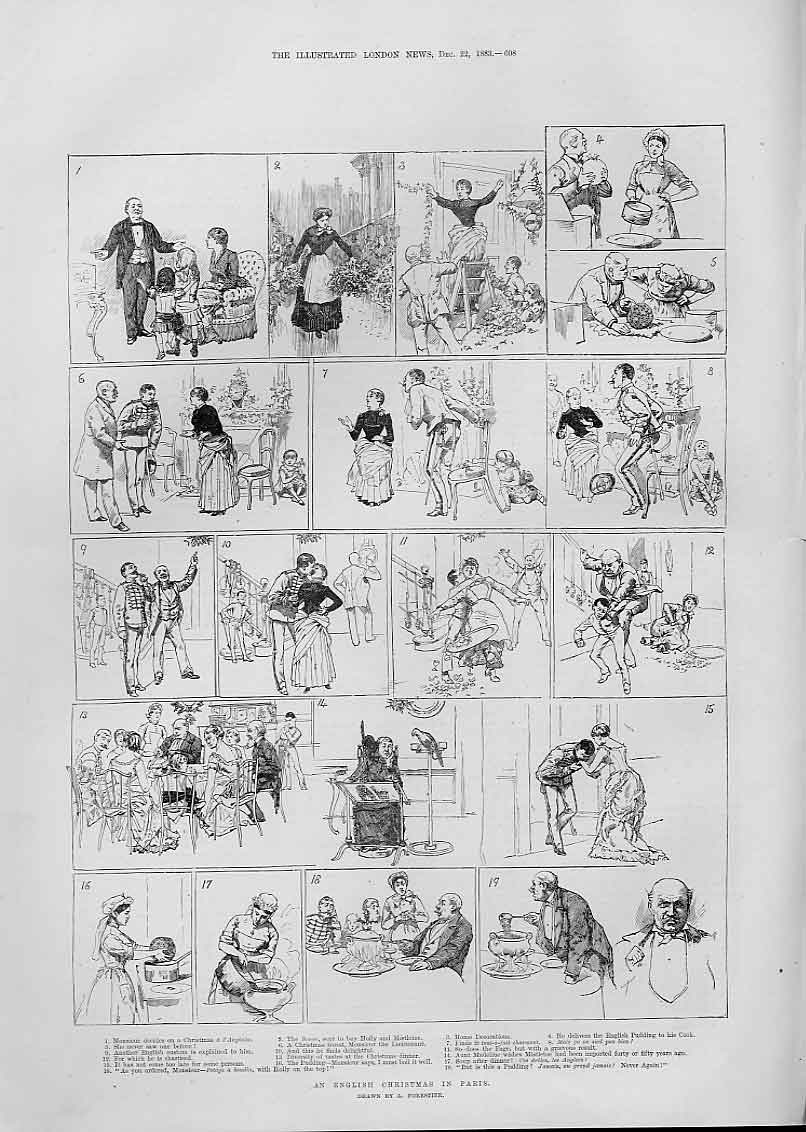 Original Old Antique Print English Christmas In Paris France 1883 19th