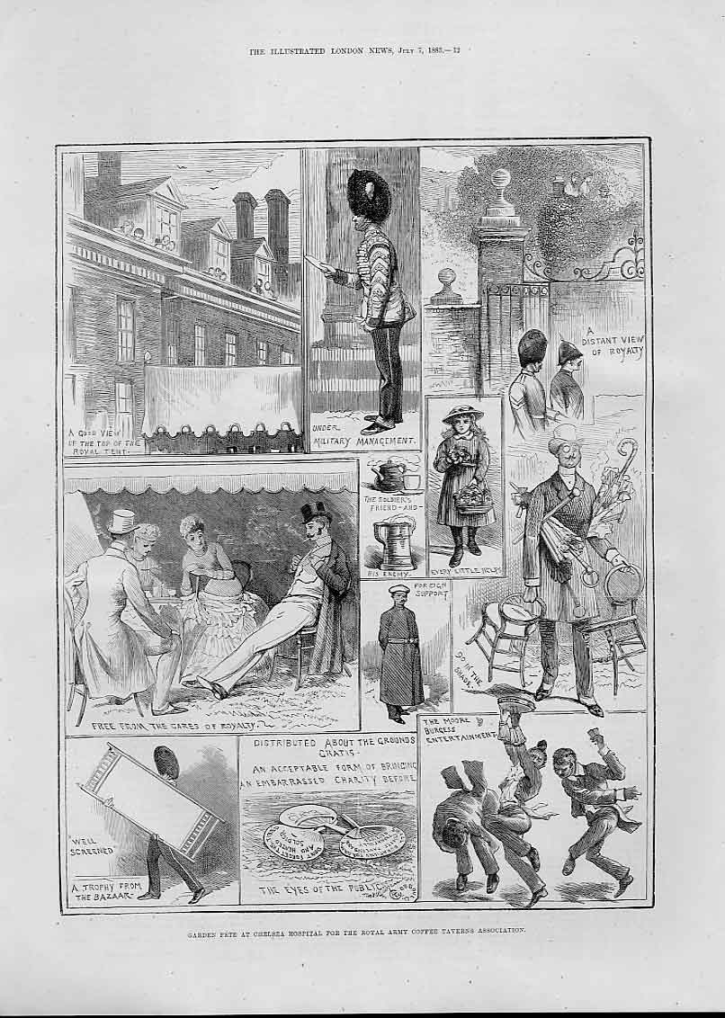 Original Old Antique Print Chelsea Hospital Fete For Royal Army Coffee Taverns