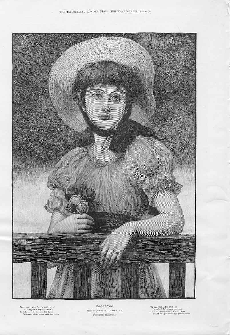 Original Old Antique Print Rosebuds By Leslie Fine Art Girl & Rose