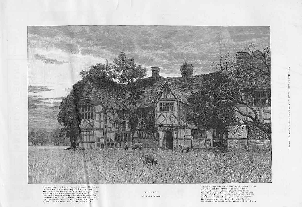 Original Old Antique Print The Grange Ruined House 1888 Quinton 19th