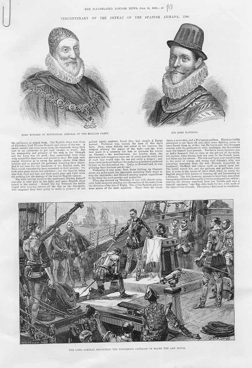 Original Old Antique Print Tercentenary Defeat Amarda 1588 1888
