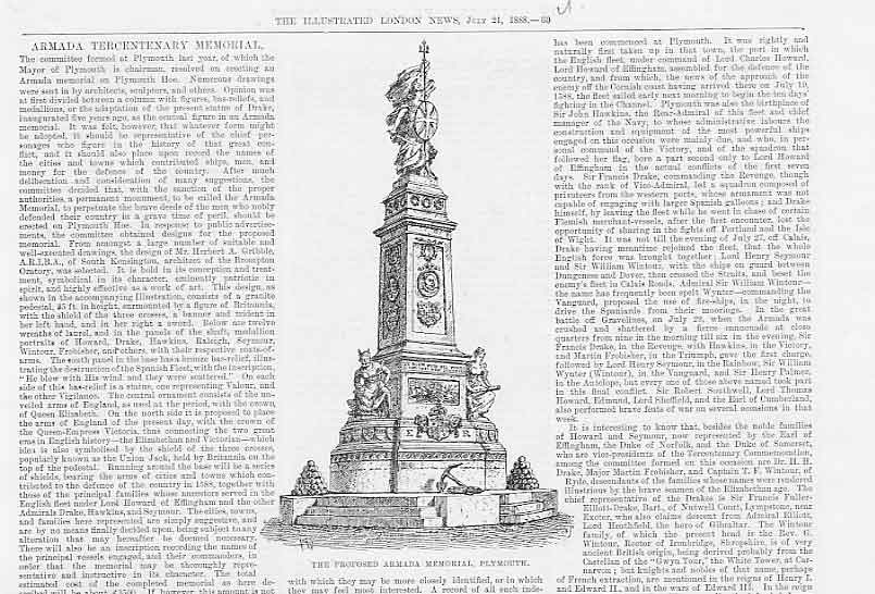 Original Old Antique Print Proposed Armada Memorial Plymouth 1888 Victorian