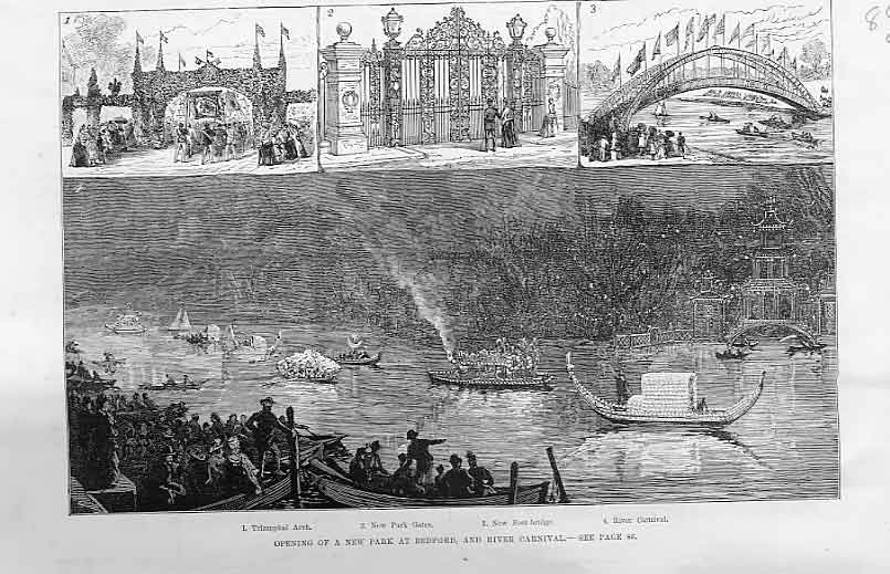Original Old Antique Print New Park And River Carnival Bedford 1888 Victorian