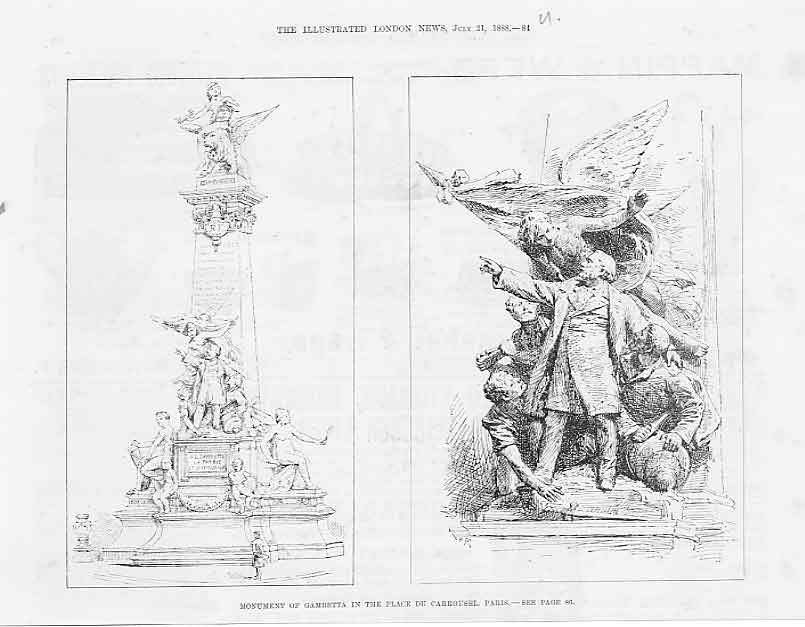 Original Old Antique Print Monument Gambetta Place Du Carrousel Paris 1888 Fran