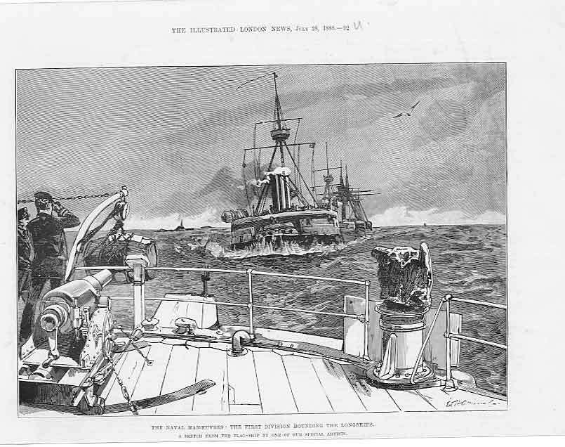 Original Old Antique Print Naval Manoeuvres Rounding Long Ships 1888 Victorian