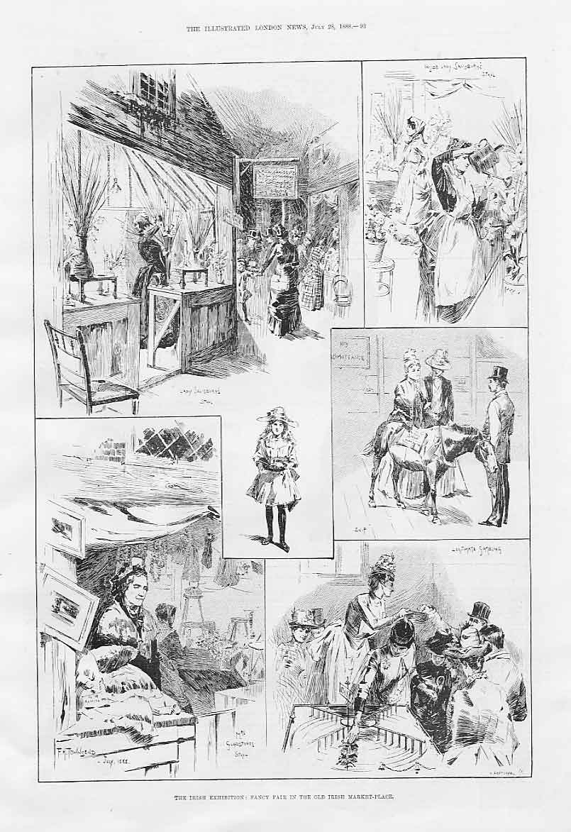 Original Old Antique Print Fancy Fair Irish Market Place 1888 Exhibition 19th