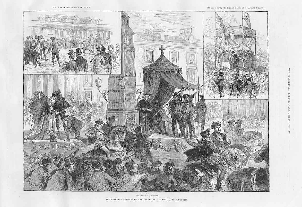 Original Old Antique Print 1888 Plymouth Festival Procession Defeat Armada 19th