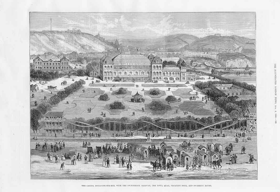 Original Old Antique Print Panorama Casino Boulogne Sur Mer Town Dock Baths 1888