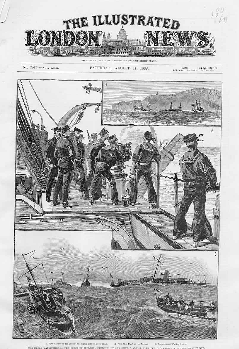 Original Old Antique Print Blocking Squadron Bantry Bay 1888 Ships Victorian