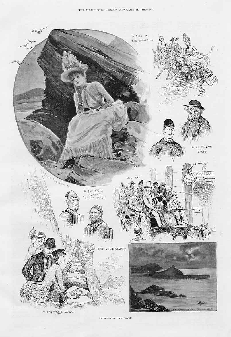 Original Old Antique Print On The Rocks At Ilfracombe 1888 19th