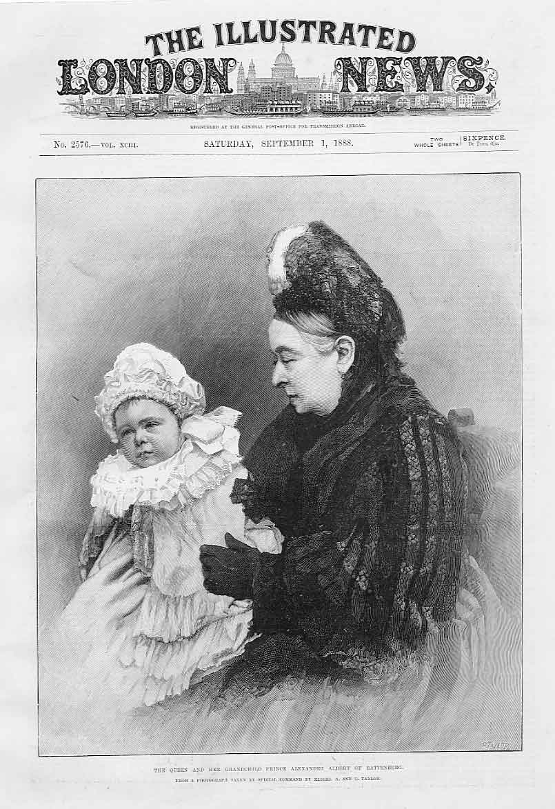 Old Antique Print Queen Victoria & Grandchild Prince Alexander Albert Bat