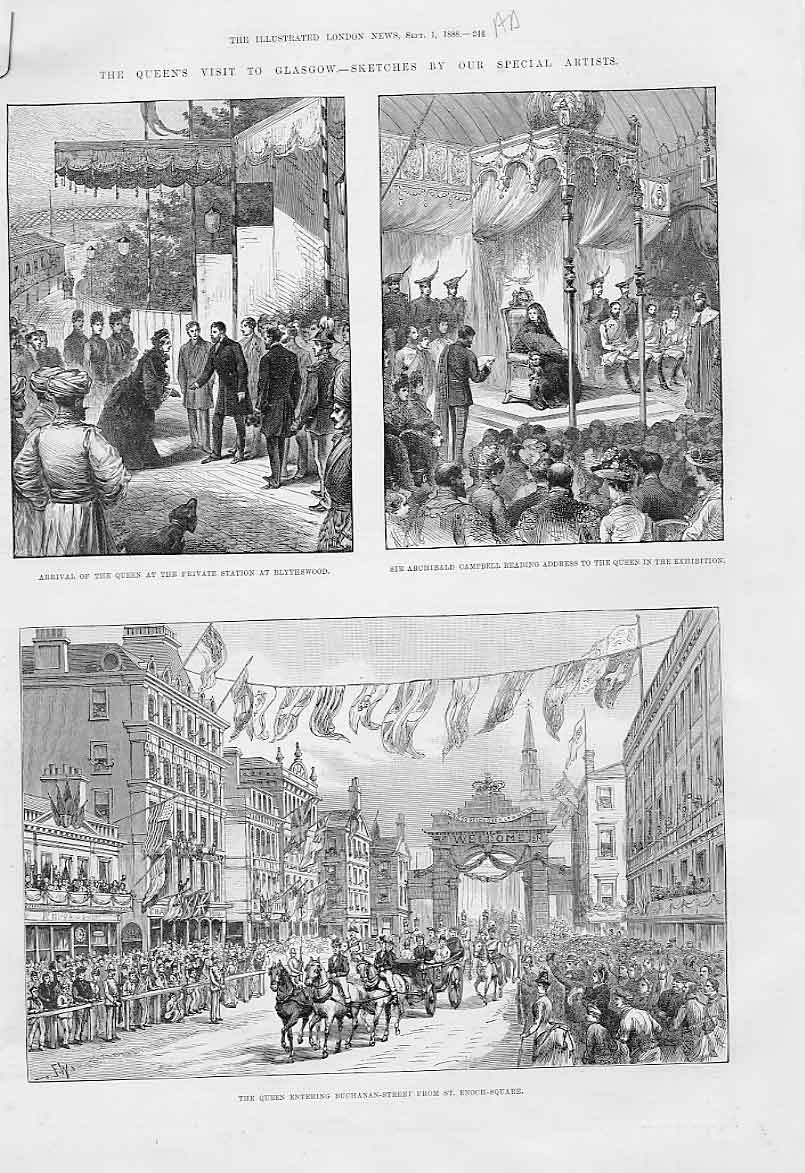 Original Old Antique Print Royal Visit Glasgow Buchanan St 1888 Scotland 19th