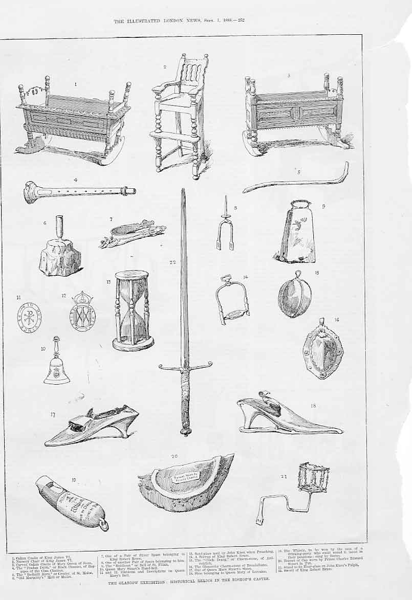 Original Old Antique Print Historical Relics In Bishop'S Castle Glasgow 1888