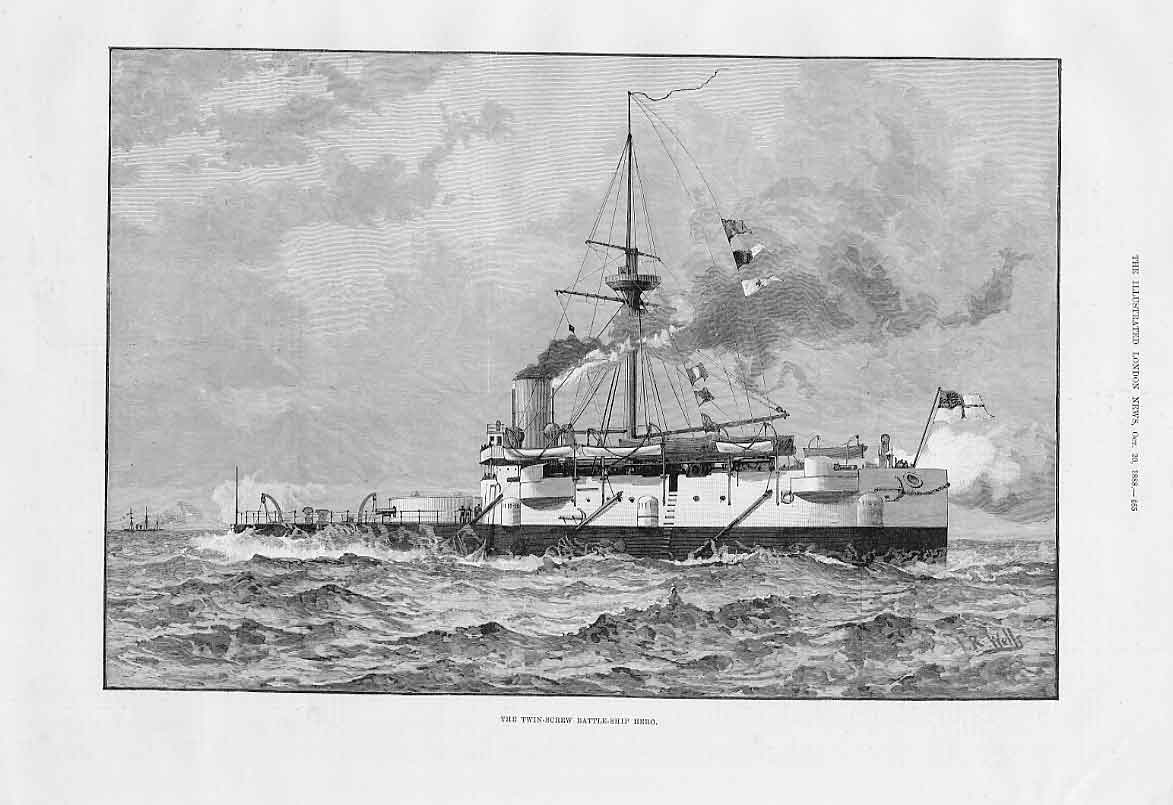 Original Old Antique Print Twin Screw Battle Ship Hero 1888 19th