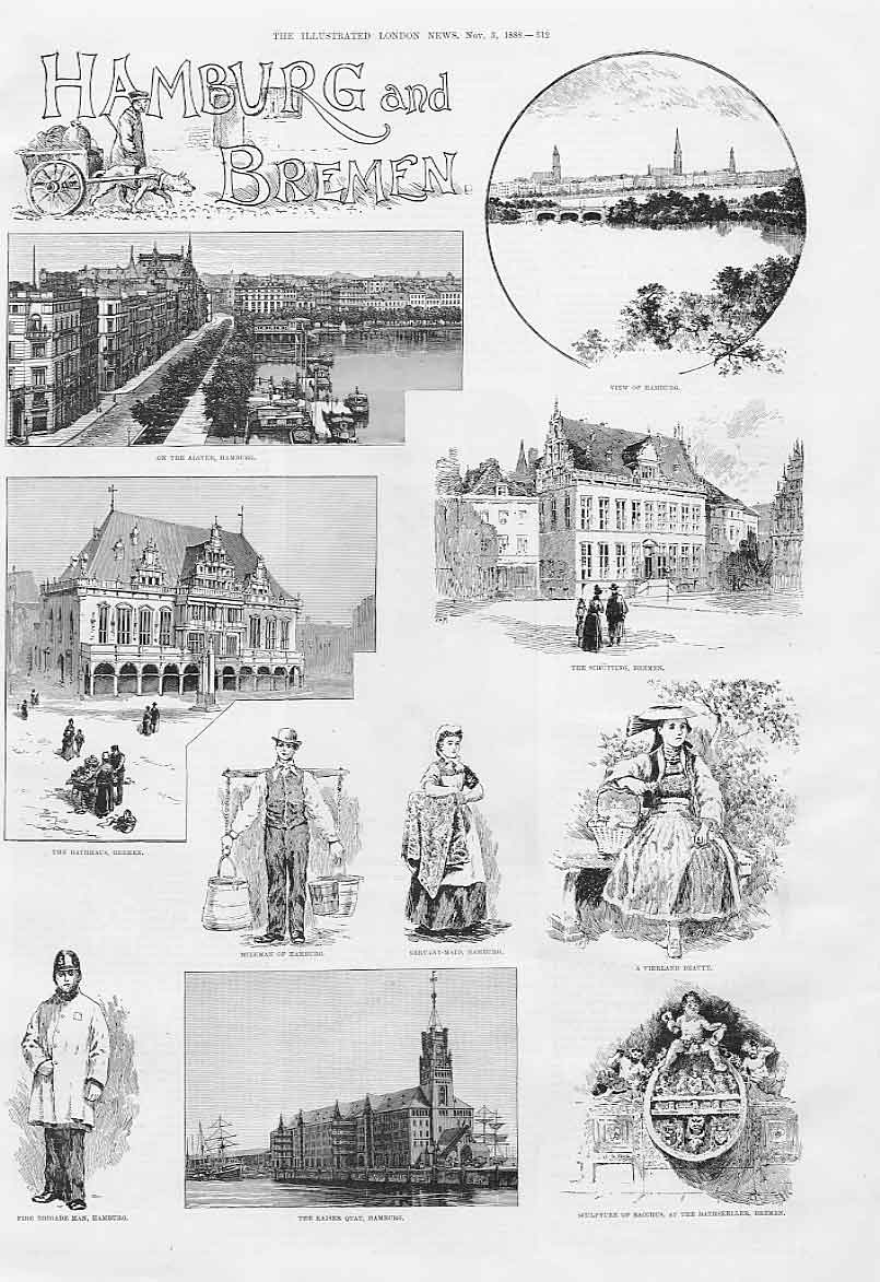 Original Old Antique Print Hamburg & Bremen 1888 Germany 19th Century