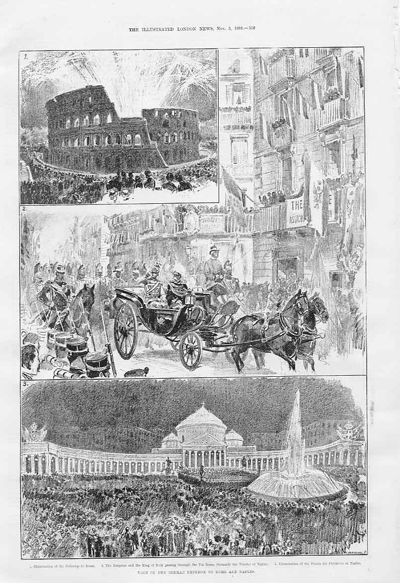 Original Old Antique Print Visit German Emperor To Rome & Naples Italy 1888 19th