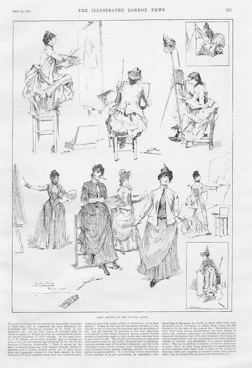 Original Old Antique Print Lady Artist At Louvre Paris France 1888 Victorian