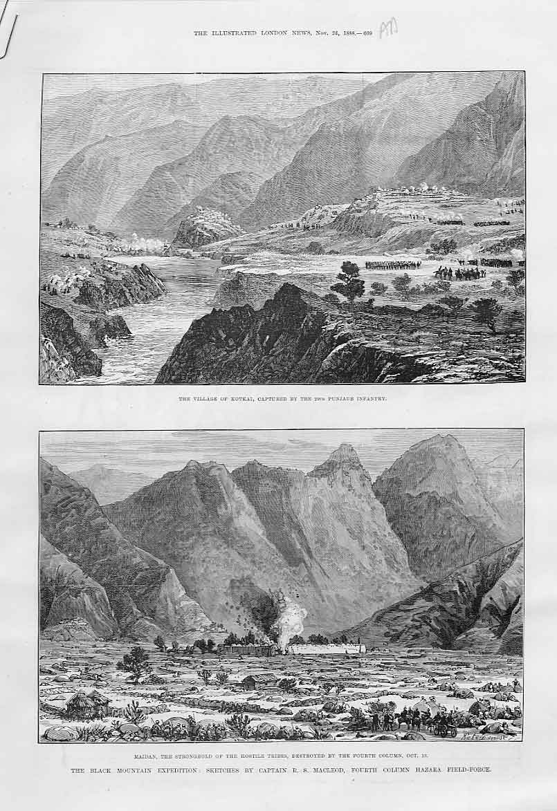 Original Old Antique Print Black Mountain Expedition India 1888 Kotkai Maidan