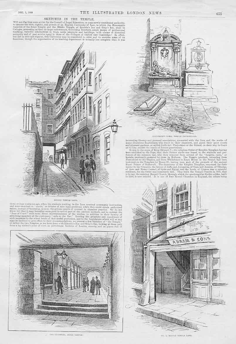 Original Old Antique Print Sketches In Nthe Temple London 1888 19th