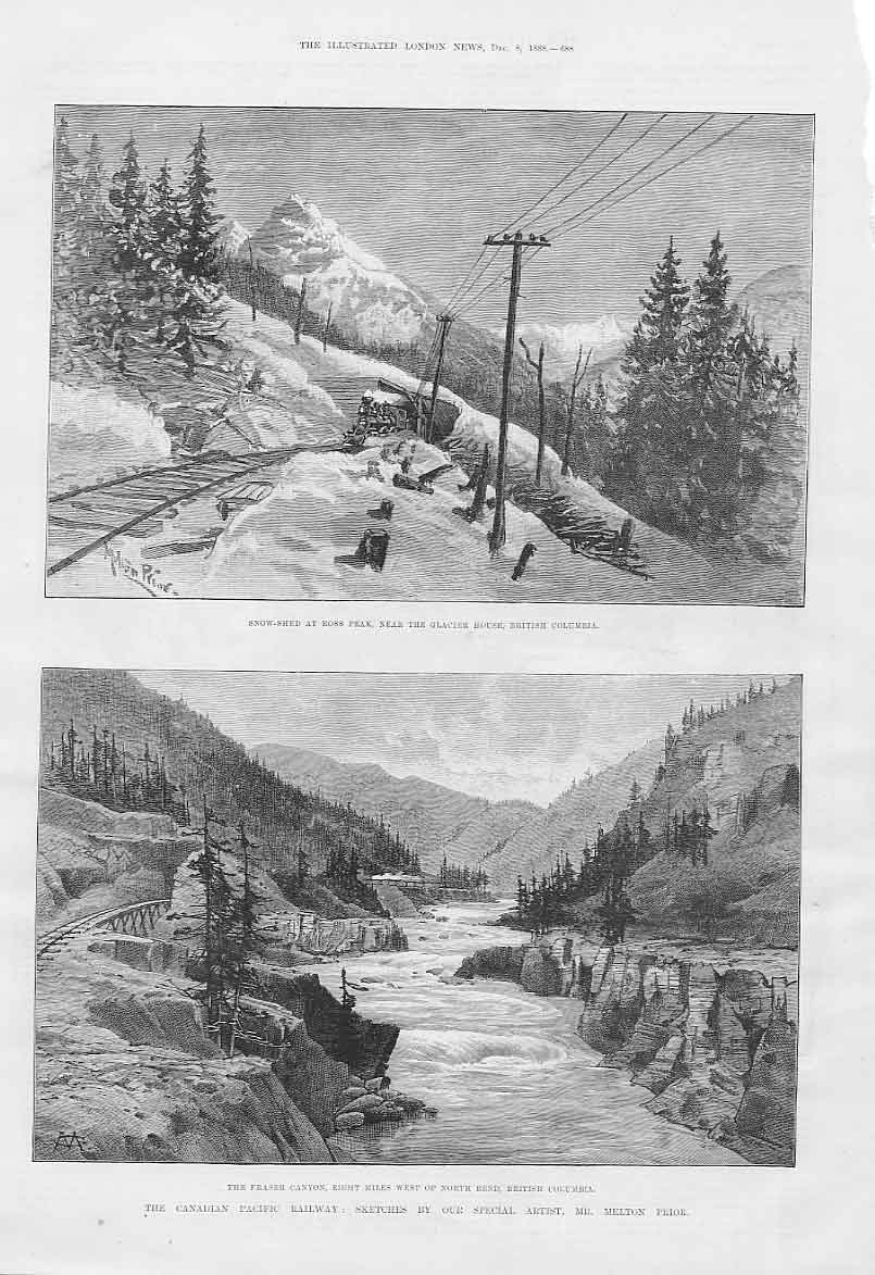 Original Old Antique Print Fraser Canyon Glacier House Canadian Pacific Railway