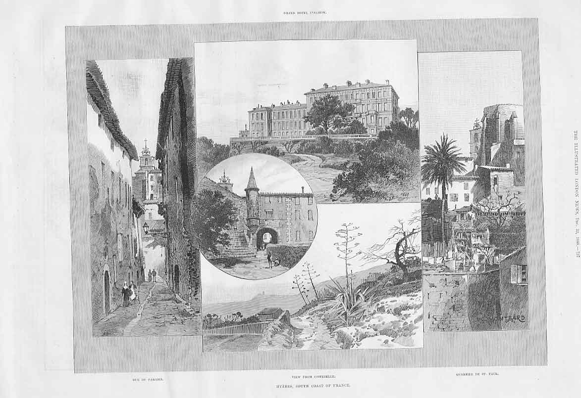 Original Old Antique Print Hyeres France Hotel D'Albion & Views 188 Victorian