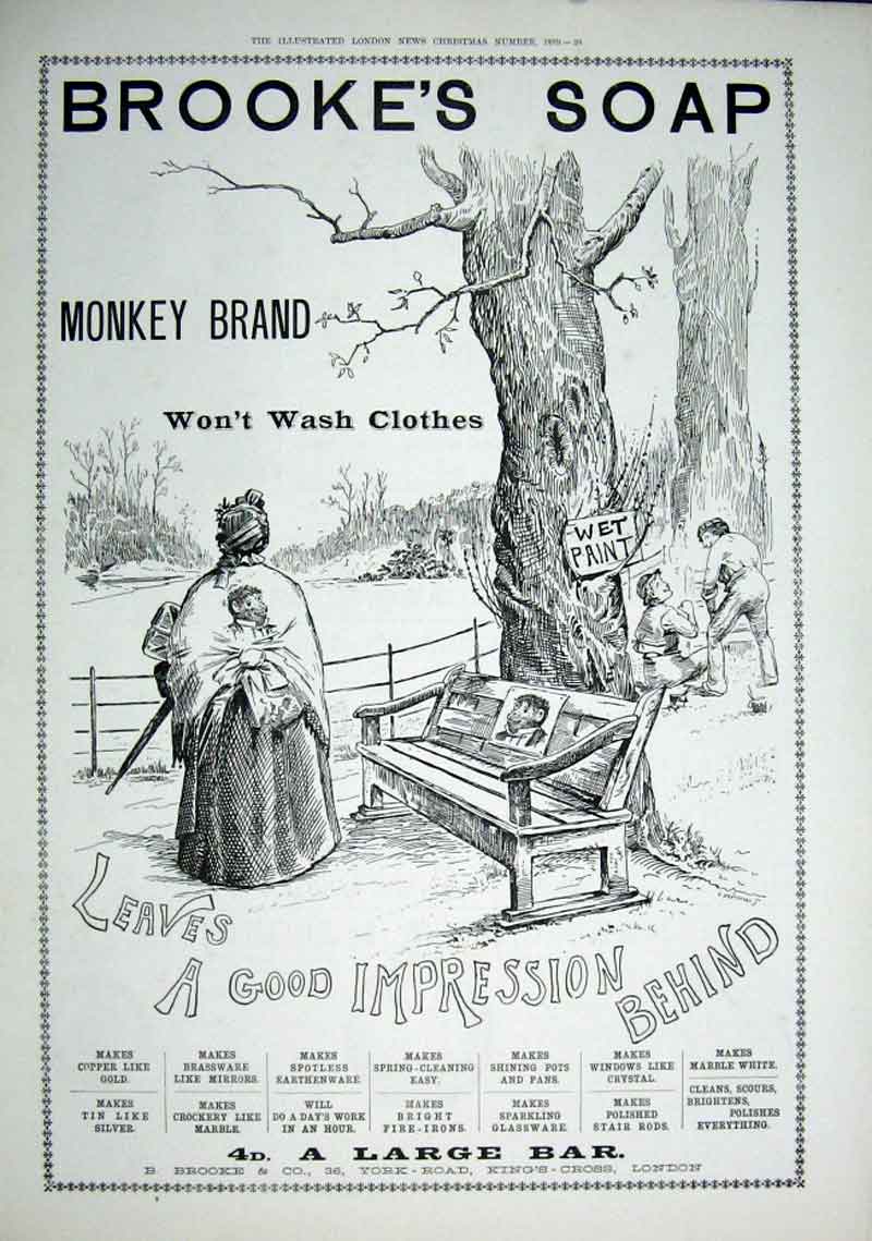 Original Old Antique Print Brookes Monkey Brand Soap Wet Paint 1889 Victorian