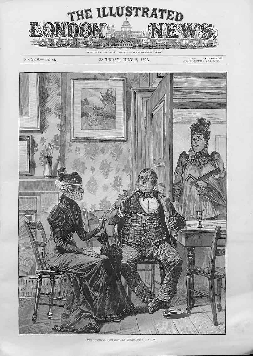 Original Old Antique Print The Political Campaign: An Interupted Canvass 1892