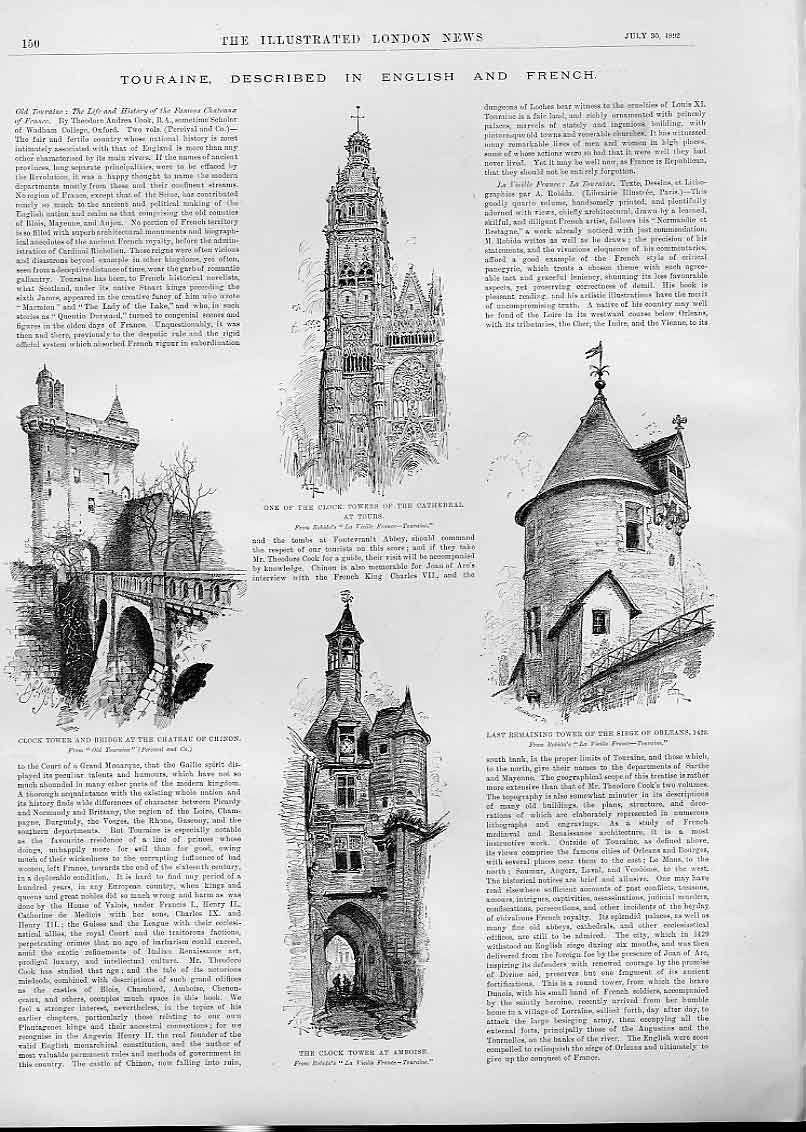 Original Old Antique Print Touraine Described In English & French 1892 Victorian