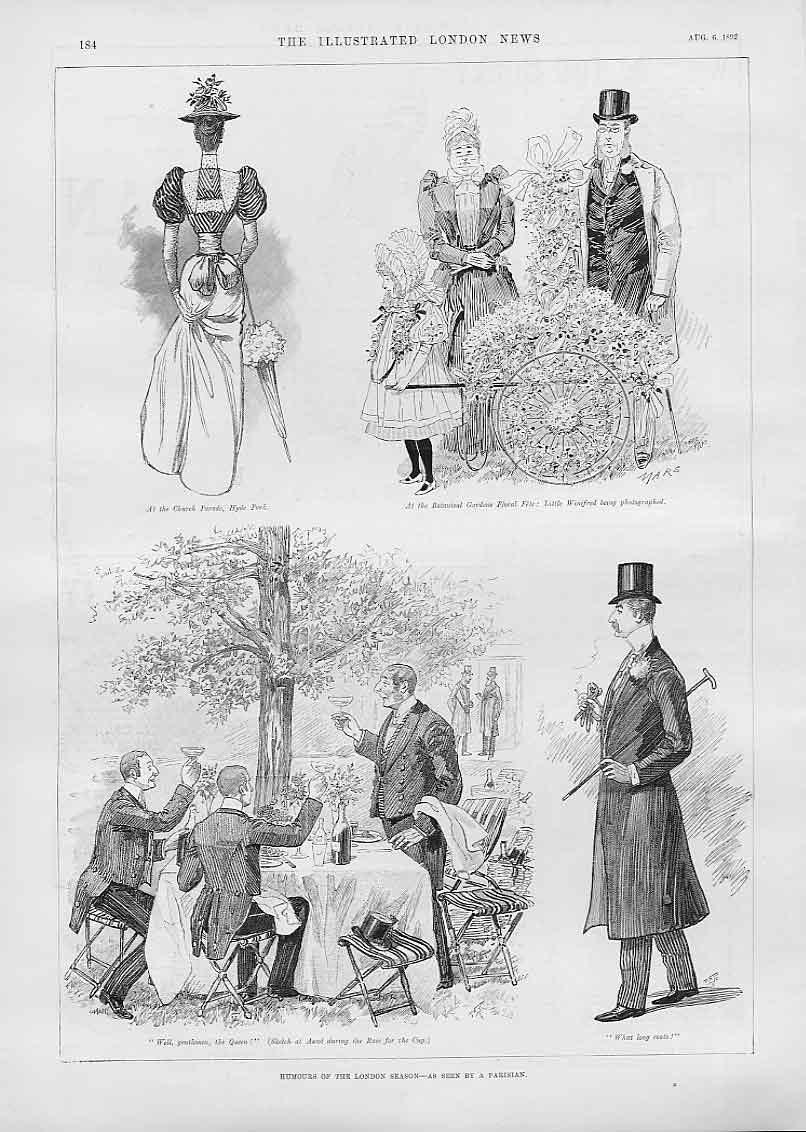 Original Old Antique Print Humours London Season As Seen By A Parisian 1892 19th