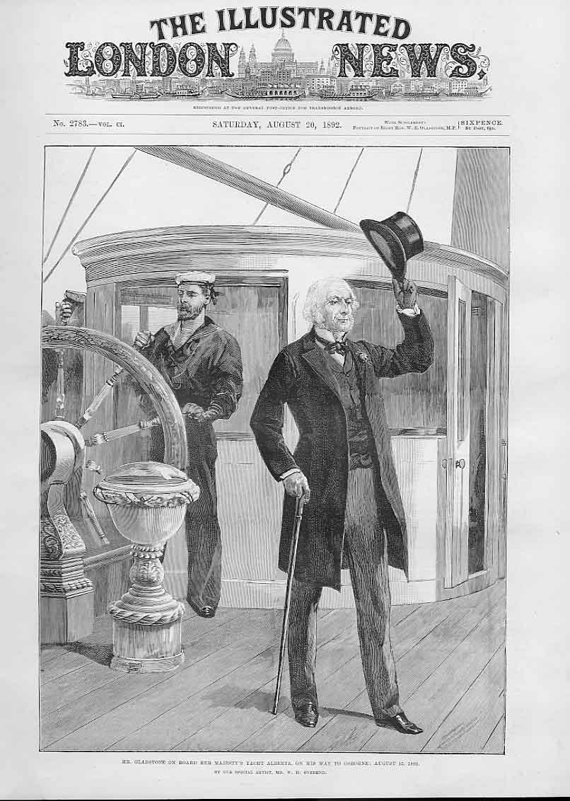 Original Old Antique Print Gladstone On Board Hm Yacht Albert 1892 Victorian
