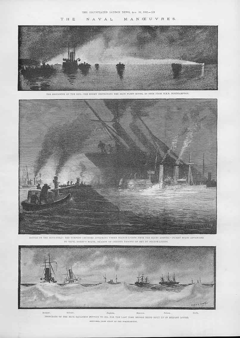 Original Old Antique Print Naval Manoeuvres Belfast Lough 1892 Ships Victorian
