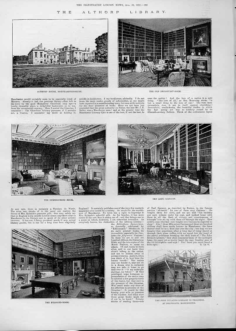 Original Old Antique Print The Althorpe Library 1892 19th Century
