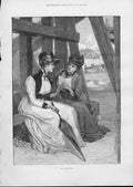 Original Old Antique Print Two Ladies Discuss News From Home Fine Art 1892 19th