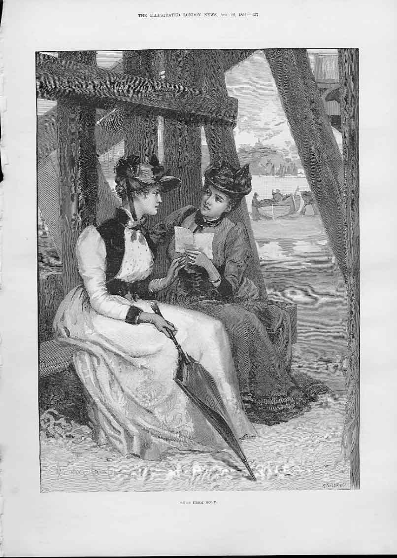 Original Old Antique Print Two Ladies Discuss News From Home Fine Art 1892 19th