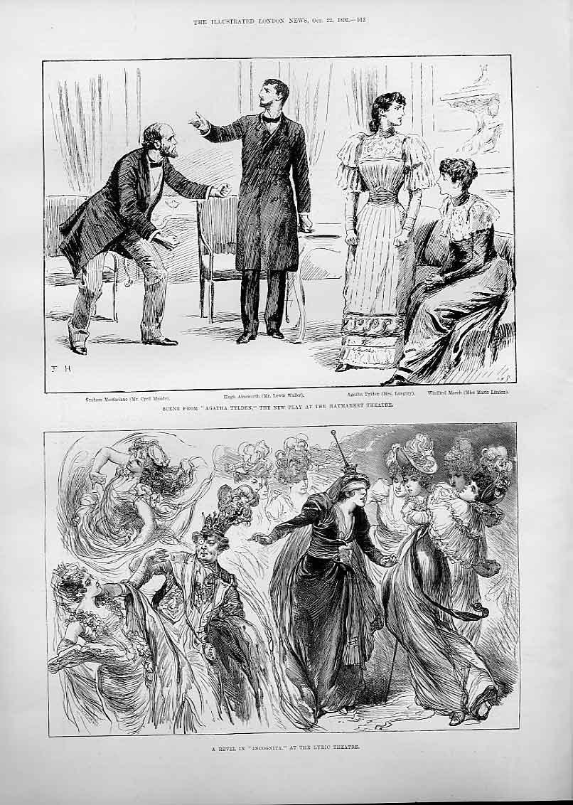 Original Old Antique Print New Plays At Haymarket & Lyric Theatres 1892 19th