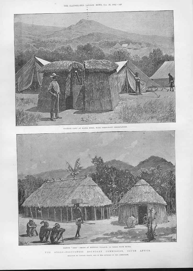 Original Old Antique Print Camp Massa Kessi Mendigo Village Nr Beira Africa 1892