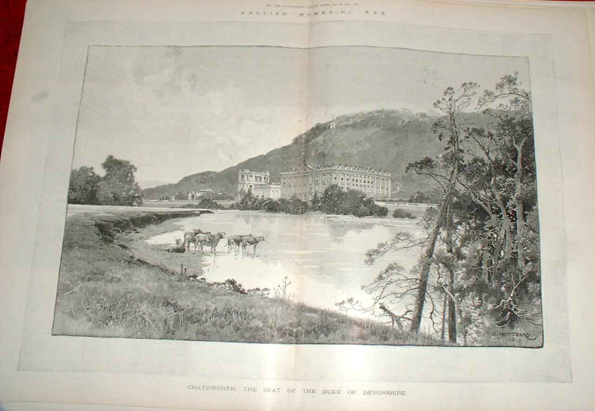 Original Old Antique Print Chatsworth From The Park 1892 Derby Shire Victorian