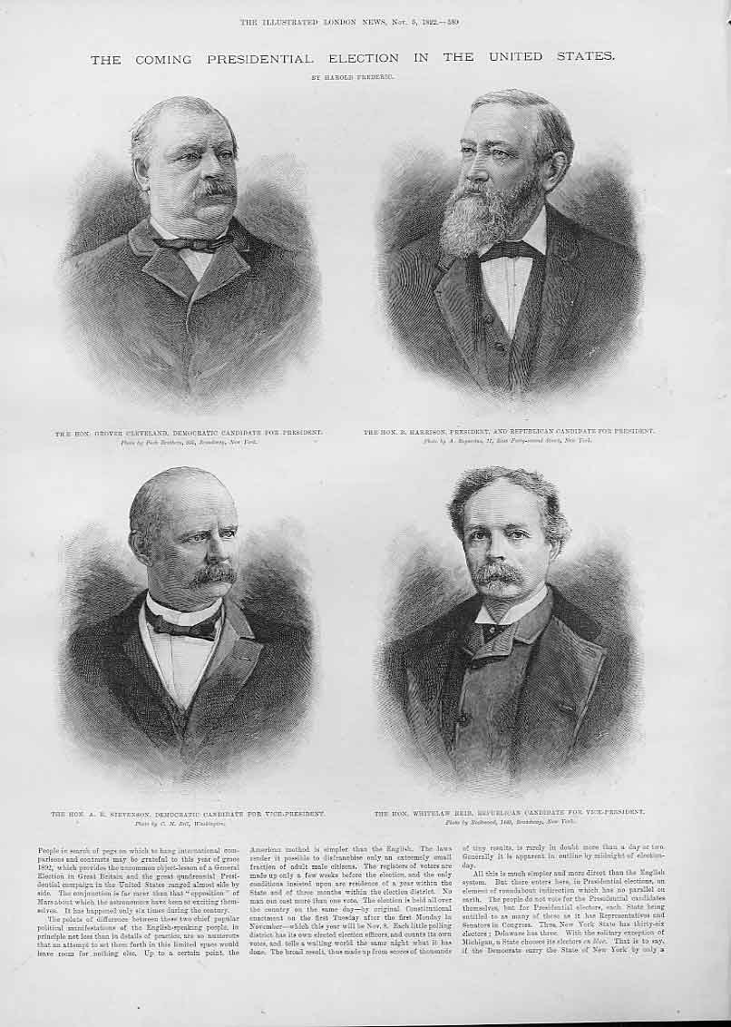 Original Old Antique Print Presidential Candidates 1892 Election America 19th