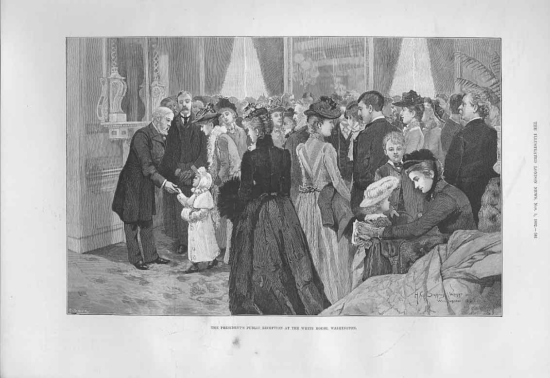 Old Antique Print Presidents Public Reception White House Washington 1892 19th
