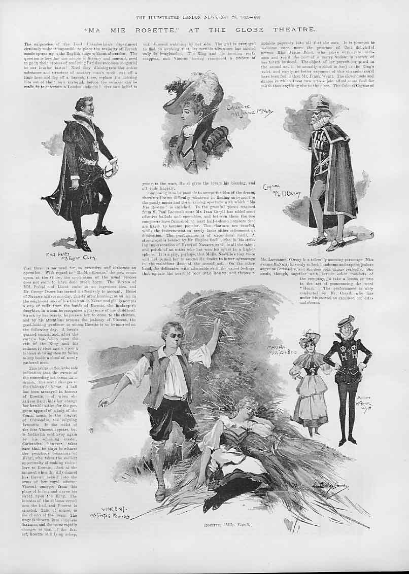 Original Old Antique Print Ma Mie Rosette At Globe Theatre 1892 19th