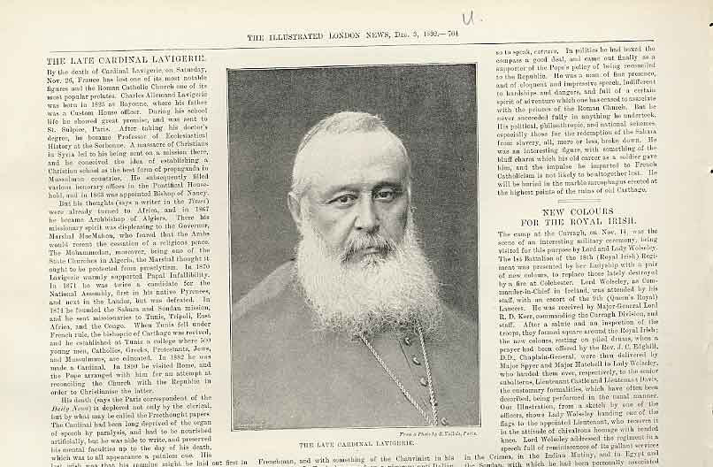 Original Old Antique Print Portrait Cardinal Lavigerie 1892 19th
