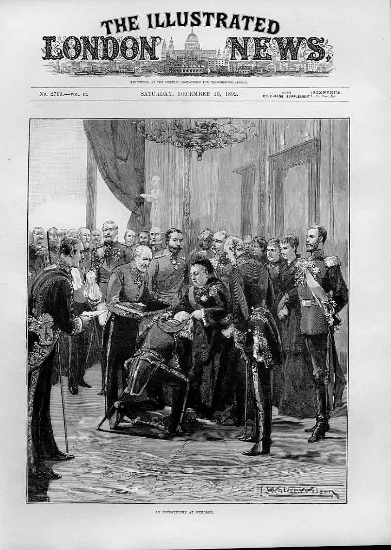 Original Old Antique Print 1892 An Investiture At Windsor 19th Century