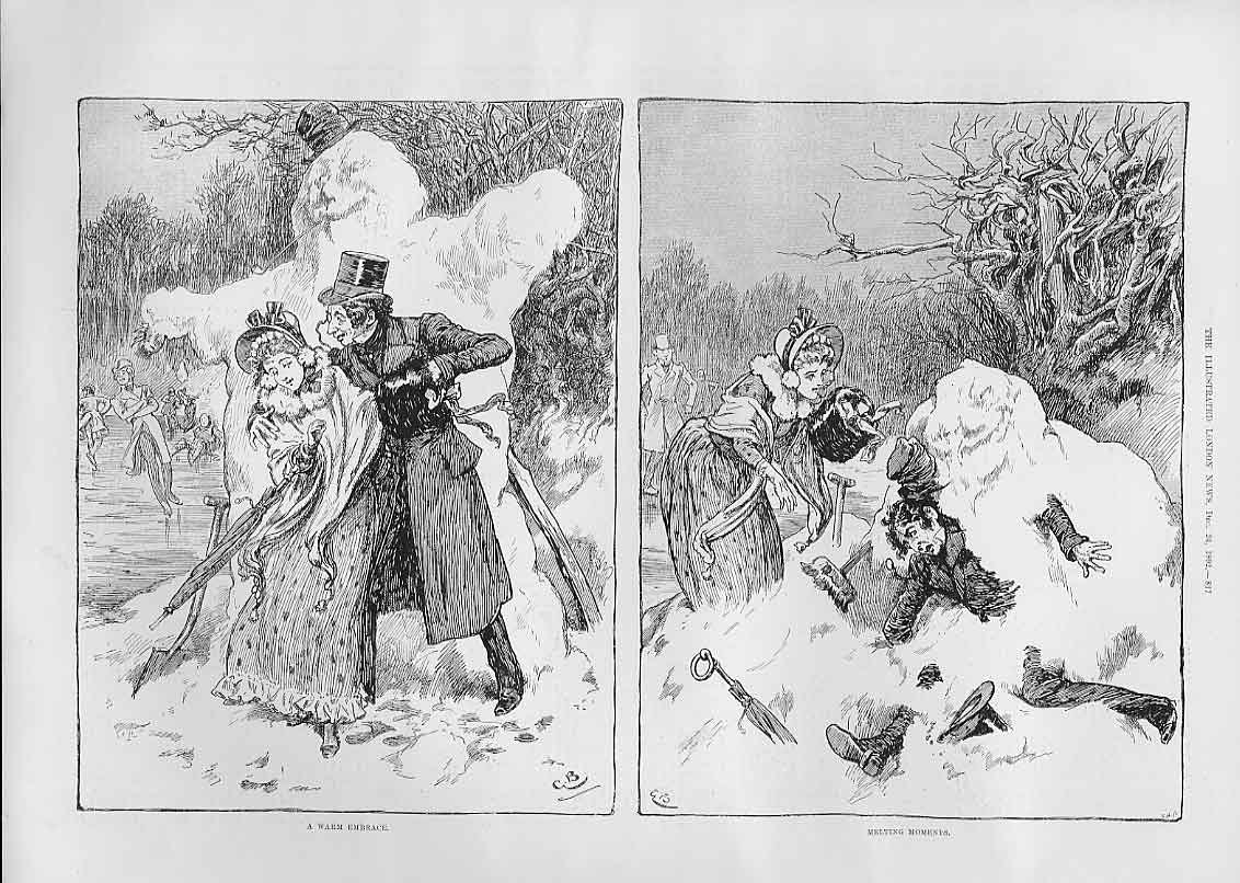Original Old Antique Print Snow Warm Embrace Melting Moments Fine Art 1892 19th