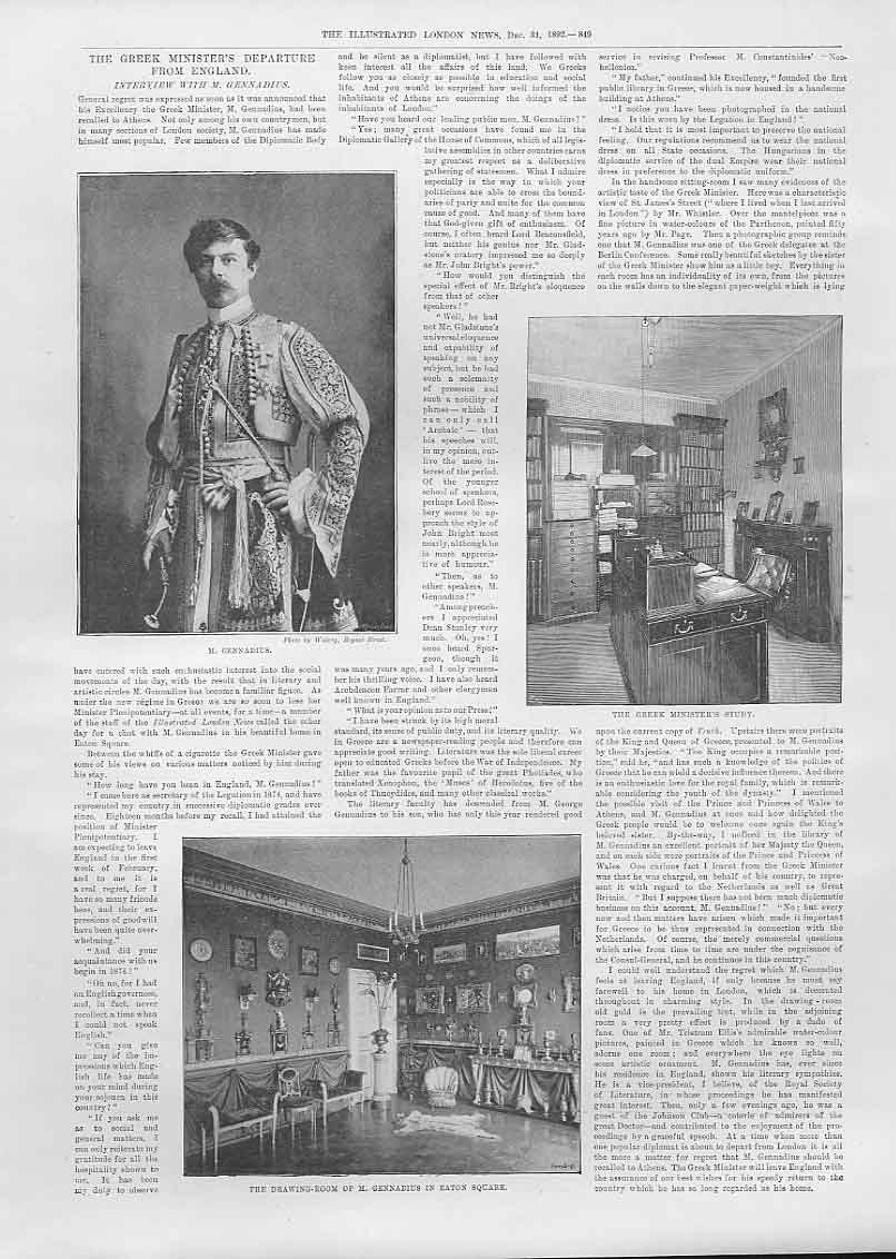Original Old Antique Print Departure Greek Minister In London 1892 M Gennadius