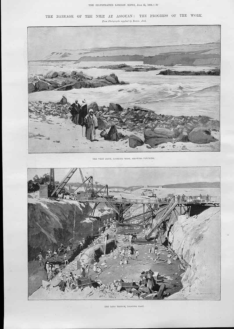 Original Old Antique Print Barrage Nile At Assouan 1899 Egypt 19th