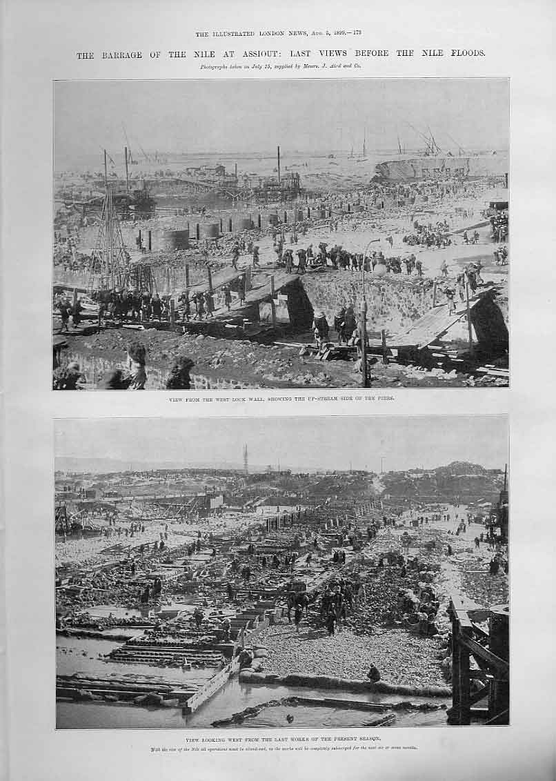 Original Old Antique Print Barrage Nile Assiout Before Floods 1899 E Victorian