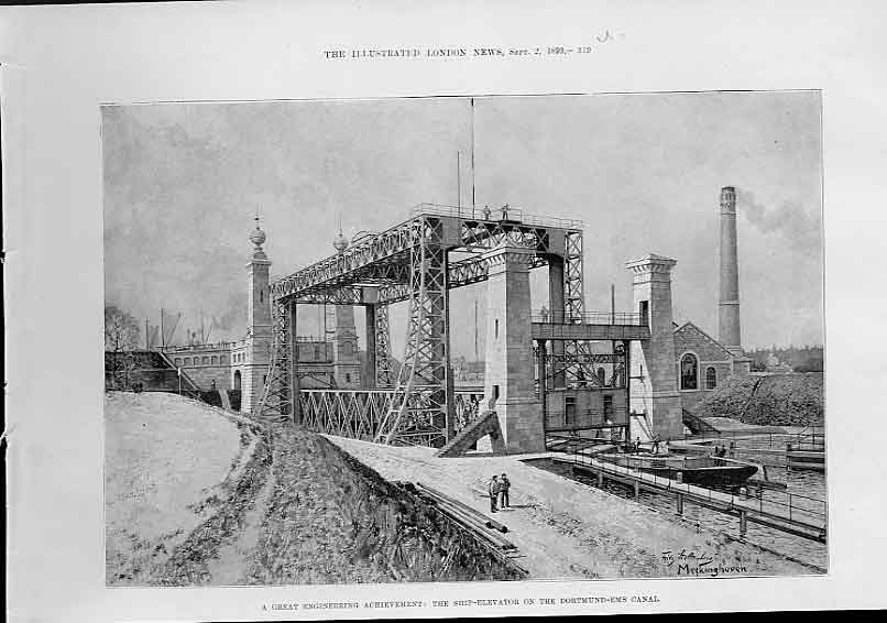 Original Old Antique Print Ship Elevator Dortmund Ems Canal 1899 19th
