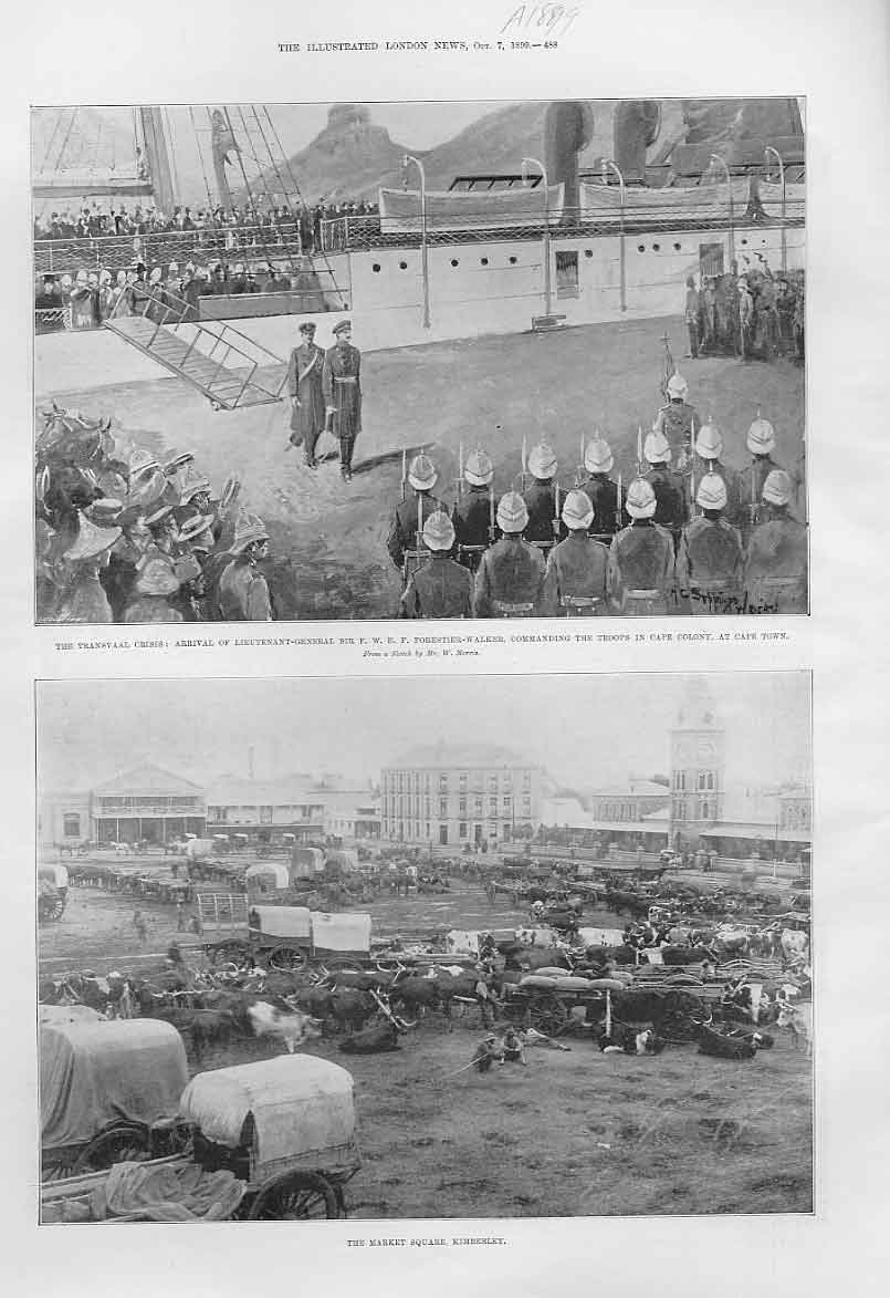 Original Old Antique Print Market Square Kimberley Ox Wagons 1899 Af Victorian
